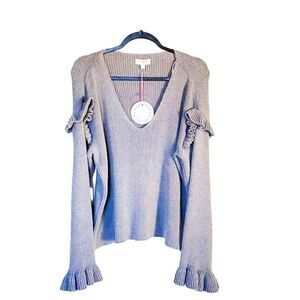 Umgee Womens Top Grey S Knit Ruffle Long Sleeve Sweater  NEW